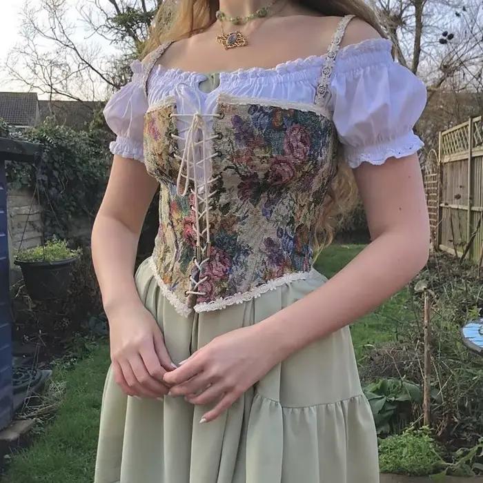 Mignon Vintage Floral Jacquard Corset broderie haut bustier rétro arête de poisson à lacets Corset Renaissance Korset Camisole gilet
