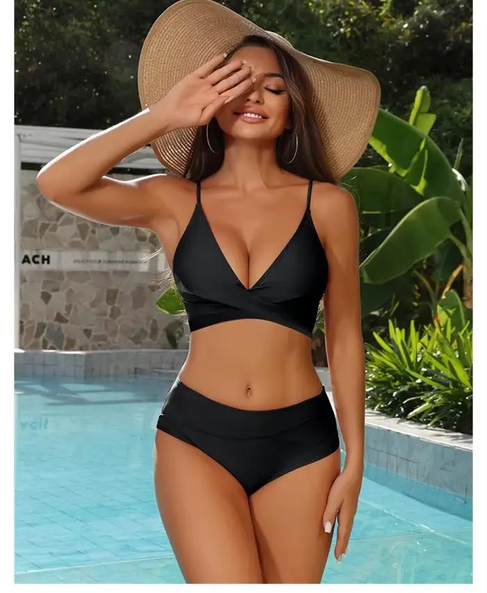 Maillot de bain deux pièces pour femmes, contrôle du ventre, col en V, torsadé sur le devant