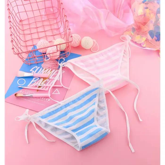 AdTosKawaii-Culotte rayée en coton de qualité supérieure pour femme, sous-vêtement, lingerie, bleu, rose et blanc
