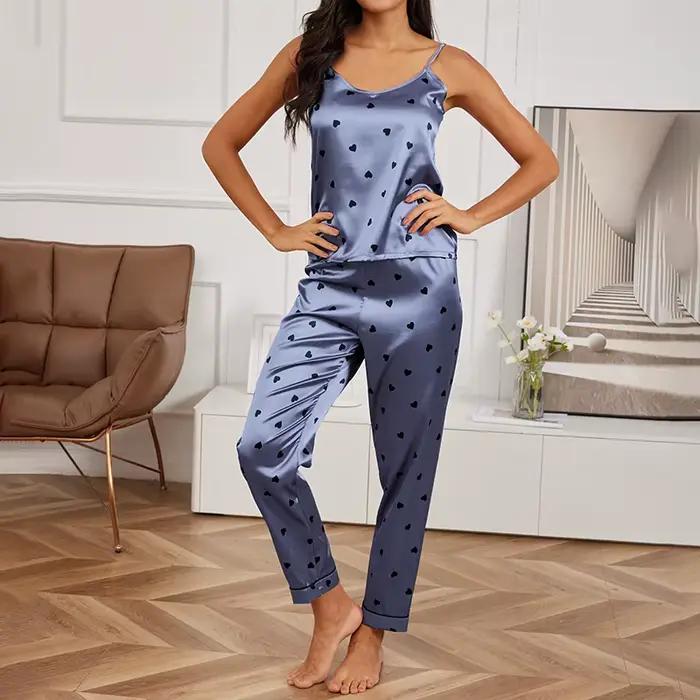 Pyjama imprimé cœur pour femme, haut caraco à col en V sexy, pantalon à ceinture élastique, vêtements de nuit et vêtements de détente pour femme, pyjama 2 pièces