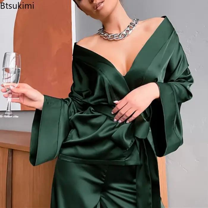 Ensemble pyjama assorti avec ceinture pour femmes, pièces de remorquage en Satin, doux et ample, décontracté, couleur unie, vêtements de nuit pour la maison, 2026
