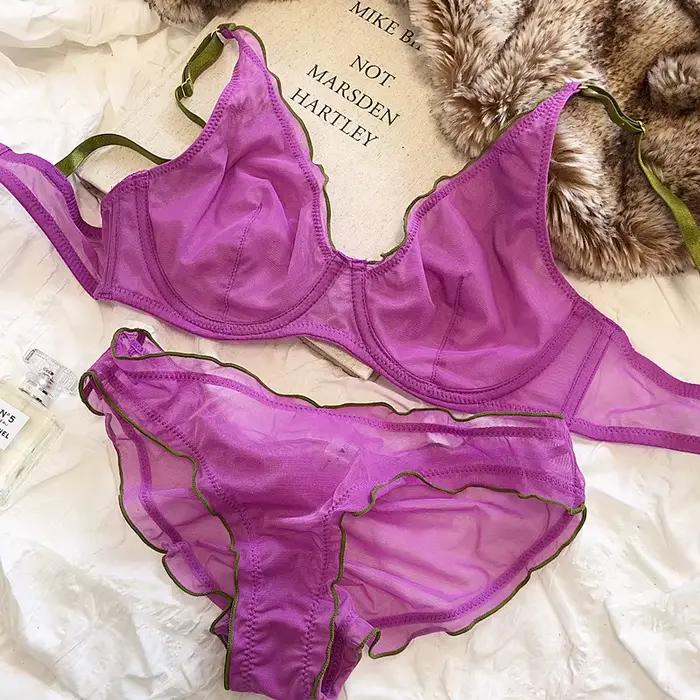 Velikostní minimalizační podprsenka s kosticemi Francouzský styl Trojúhelníkový košíček Push Up Sexy síťovaný set