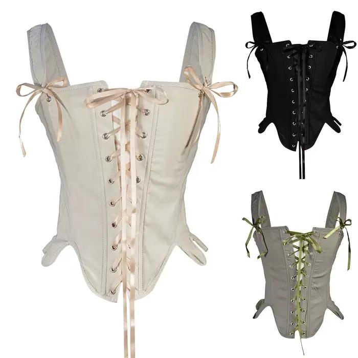 Corset Renaissance Médiévale pour Femme, Bustier Vintage, Crop, Corset à Lacets, Camisole Noire et Blanche