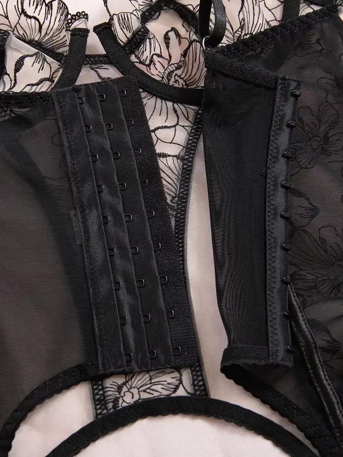 Ensemble de lingerie érotique Belamimi brodé floral transparent, sexy, sculptant le corps, avec bas de contention intégrés