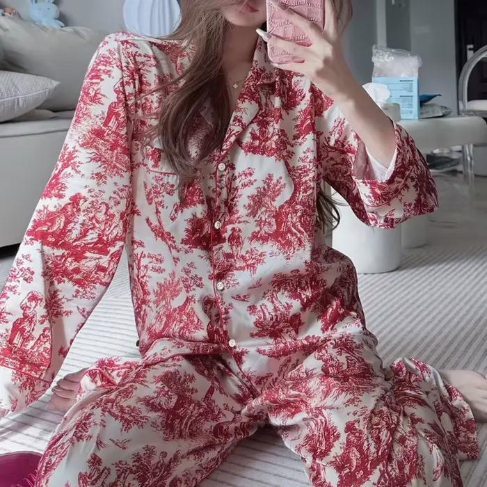 Ensemble pyjama en soie glacée et neige imprimé à l'encre pour femmes, vêtements de nuit simples à petit revers, manches longues, pour la maison, printemps et automne