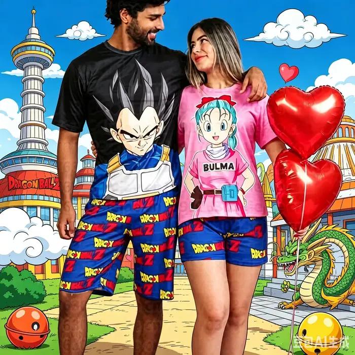 Ensemble pyjama Bulma & Vegeta Dragon Ball Z Anime 2026 – T-shirt et short imprimés intégralement pour adultes et enfants – Été, séchage rapide, doux et léger