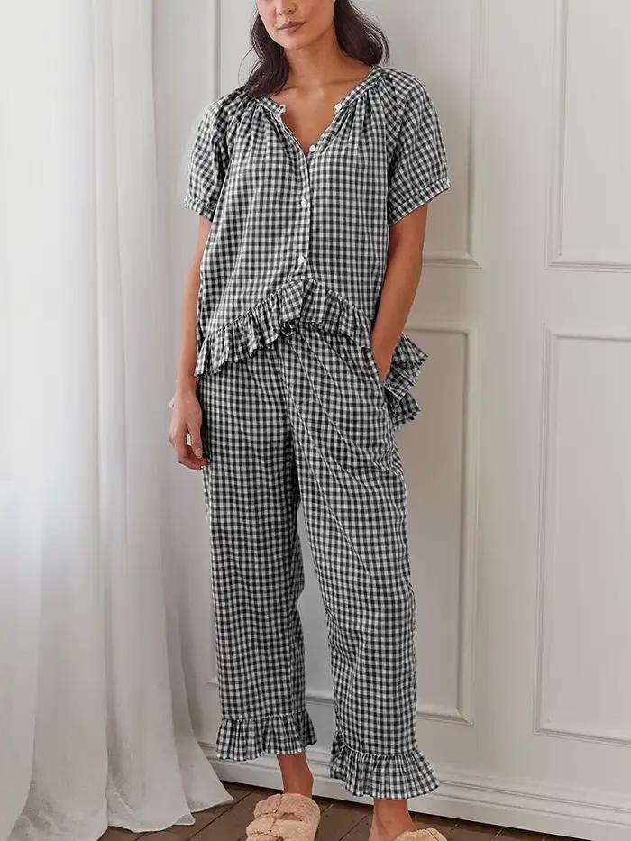 Pyjama à carreaux à manches bouffantes sur le devant pour femmes, chemise nuisette, pantalon vichy, ensemble de salon PJ, vêtements de nuit, Y2K, 2 pièces