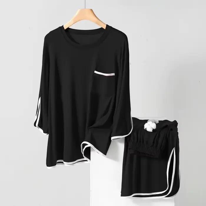 Pyjama en modal pour femmes, pyjama printemps-été, col rond, pantalon ample à manches 3/4, ensemble de vêtements de maison, ensemble de pyjama deux pièces