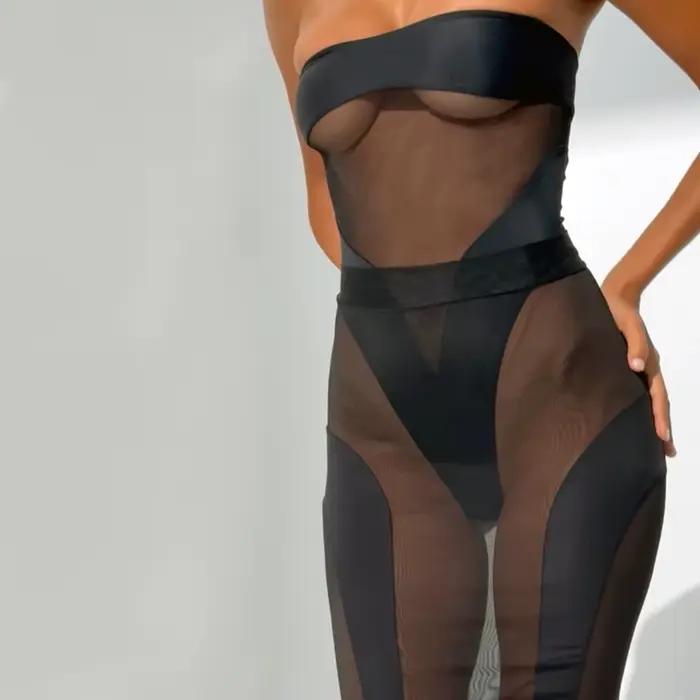 Ellolace élégant chaud Sexy Lingerie voir à travers sans bretelles body demi robe 2 pièces ensemble séduisant épissage fête reine Costume
