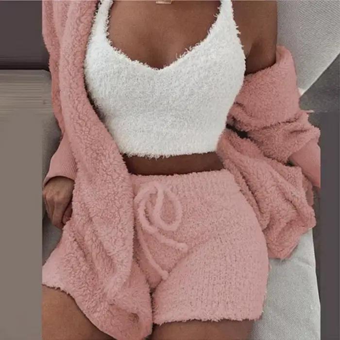 Ensemble pyjama moelleux pour femmes, vêtements de nuit décontractés, débardeur et short, grande taille, sweat à capuche, loisirs, hiver, 3 pièces