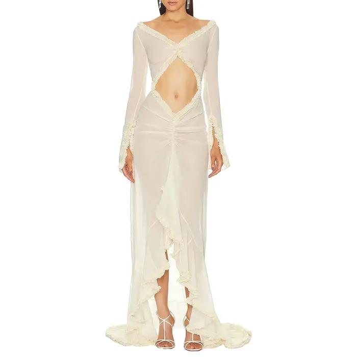 Gaono Sexy femmes nuisette Lingerie à manches longues col en V Chemise maille vêtements de nuit longue robe volants garniture pure robe de nuit