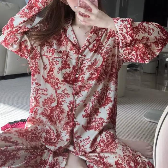 Ensemble pyjama en soie glacée et neige imprimé à l'encre pour femmes, vêtements de nuit simples à petit revers, manches longues, pour la maison, printemps et automne