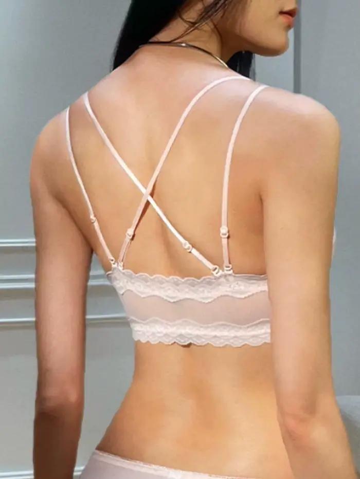 Soutien-gorge sexy dos nu à bretelles croisées, bordure en dentelle, push-up, fermeture avant, confortable et polyvalent