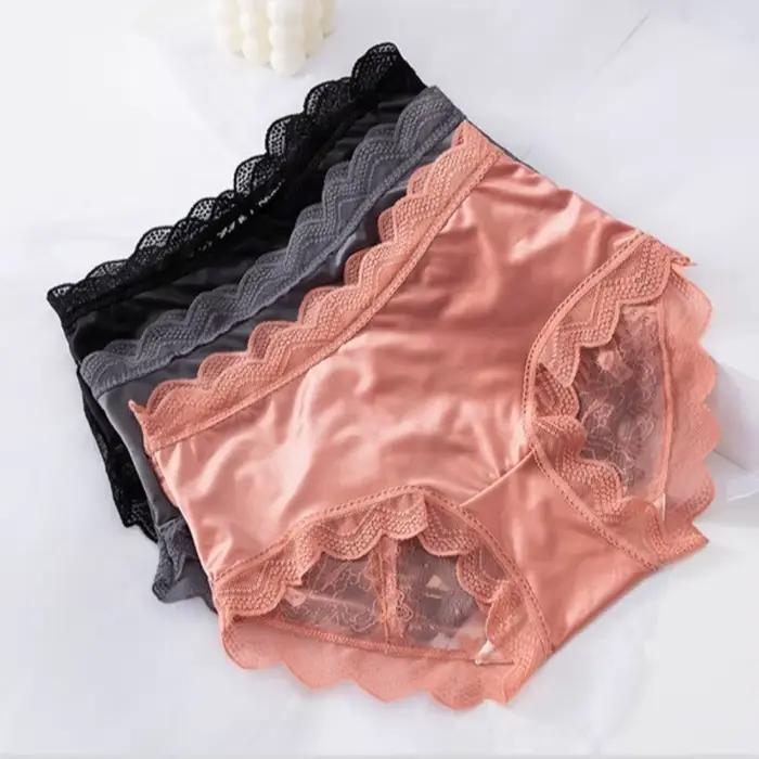 Culottes en dentelle florale transparente pour femmes, lingerie tendance, culottes en soie glacée à volants, sous-vêtements féminins ondulés à fleurs pour dames
