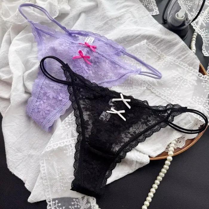 Culotte string transparente en dentelle pour femme, style doux, fines bretelles, sans couture, sous-vêtement en maille avec nœud, pour usage quotidien