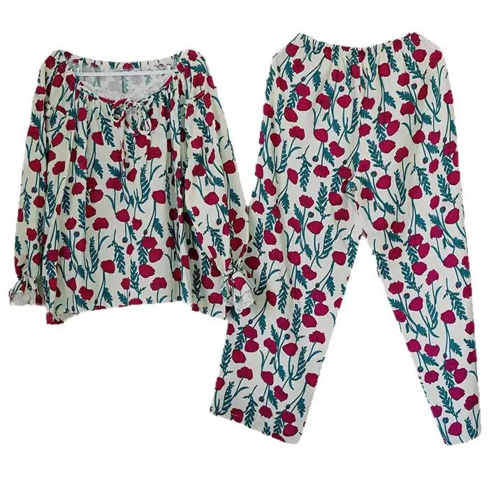 Pyjama en dentelle de qualité supérieure pour femmes, ensemble de vêtements de détente à manches longues pour le printemps et l'automne, été