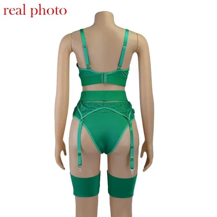 Soutien-gorge vert Lingerie pour femme sous-vêtements érotiques dentelle bandeau Bralette Sexy Push Up Lenceria 3 pièces ensemble NM34
