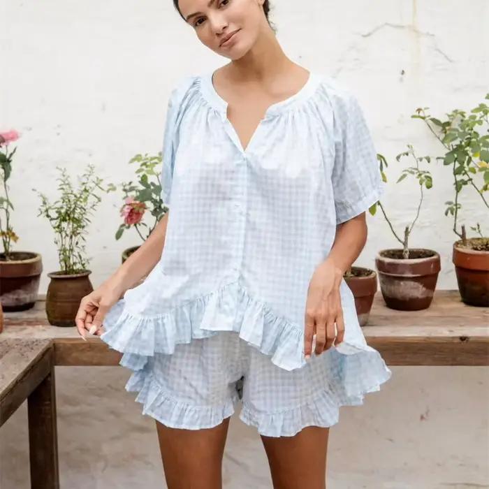 Gaono Ensemble pyjama vichy pour femme Y2K, short à volants à carreaux, manches courtes, chemise boutonnée, short, ensemble de salon