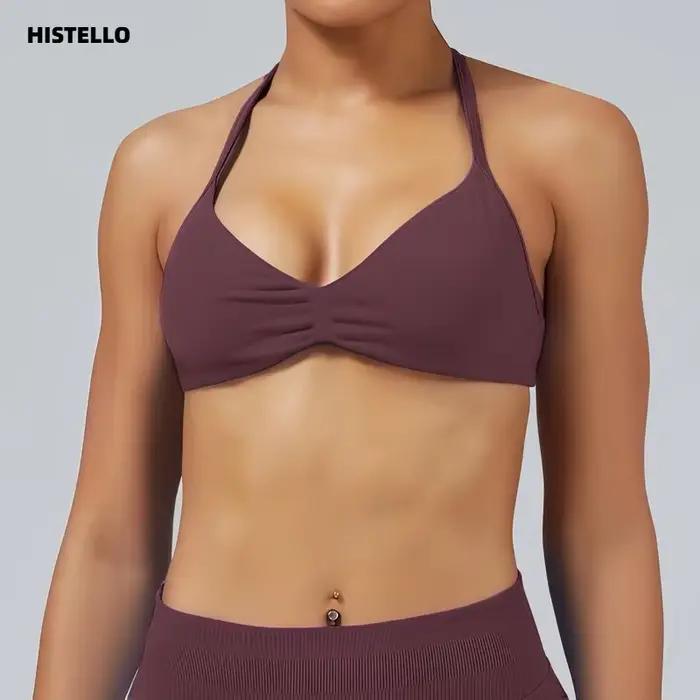 HISTELLO Impacts Soutien-gorge de sport à bretelles fines pour femme, maintien élevé, sans couture, effet push-up froncé, pour l'entraînement et le yoga