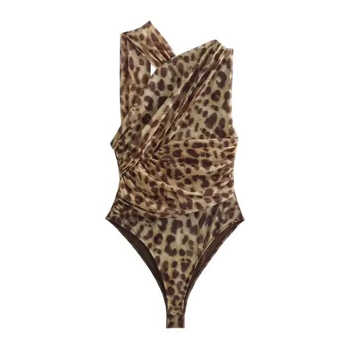 MUJER imprimé léopard Body femmes Tulle noir Sexy Body costumes femme froncé maille Body femmes Sexy tenues combinaisons pour les femmes