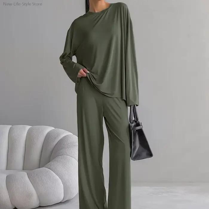 Pyjama en modal doux à manches longues et pantalons longs, ensemble deux pièces, vêtements de maison respectueux de la peau, vêtements de nuit décontractés pour femmes, nouvelle collection été 2025