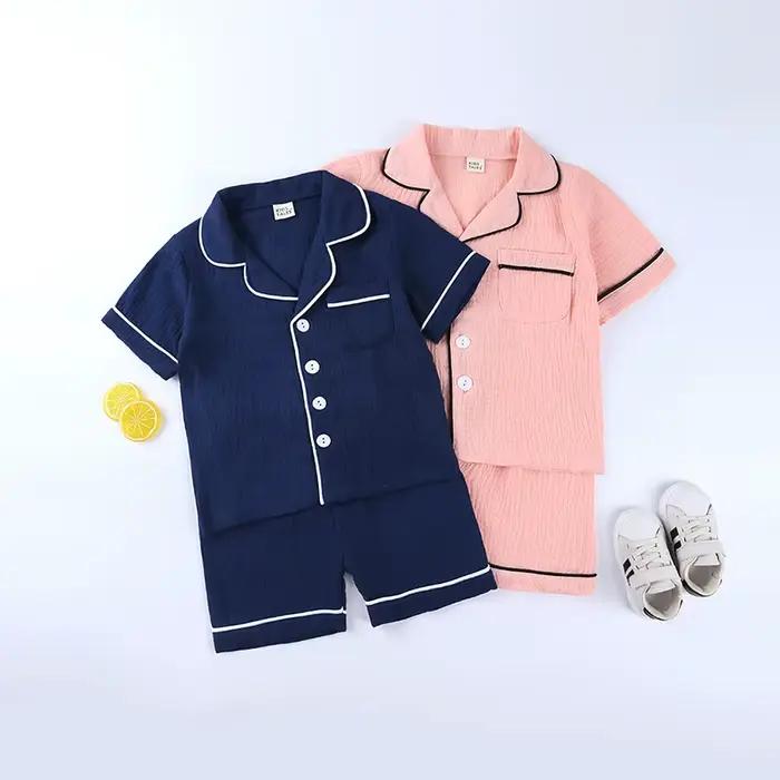 Ensemble pyjama en coton et lin pour enfant, vêtement de nuit doux, couleur pure, 3-8T, chemisier à manches courtes, short Y +
