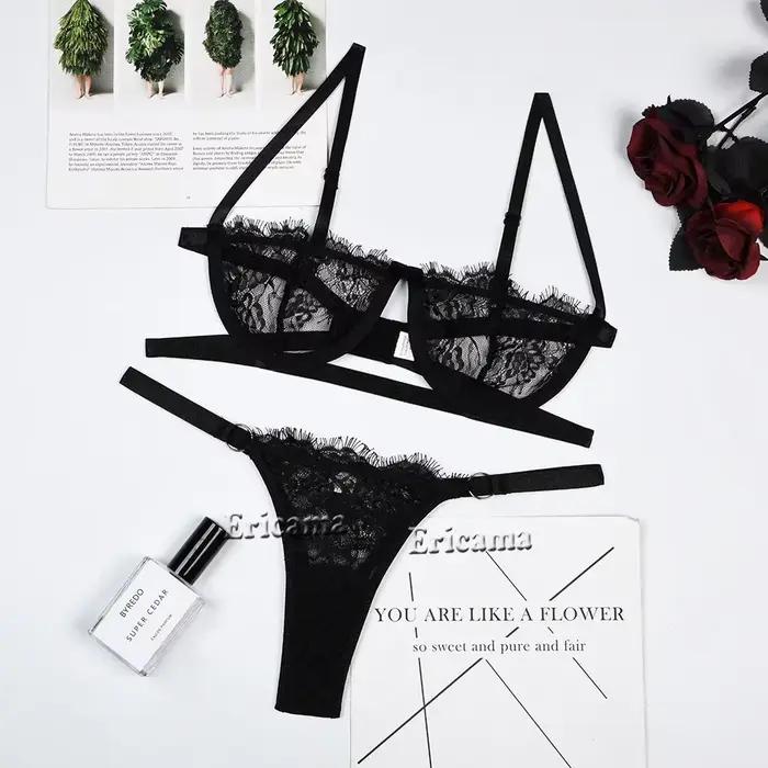 Lenceria Babydoll Ensemble soutien-gorge et culotte sexy Lingerie Intime Femmes Dentelle Soutien-gorge ouvert transparent Sous-vêtements ajourés Costumes érotiques