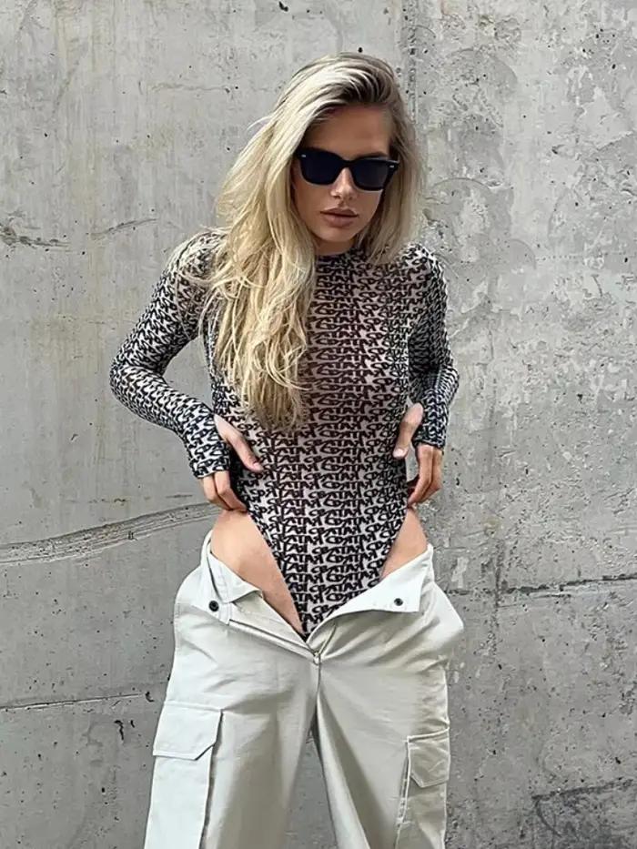 Sexy Body s dlouhými rukávy Jednodílný Bustier Přiléhavý střih Topy Korzet pro ženy Y2k oblečení Kulatý výstřih Dámské prádlo Streetwear