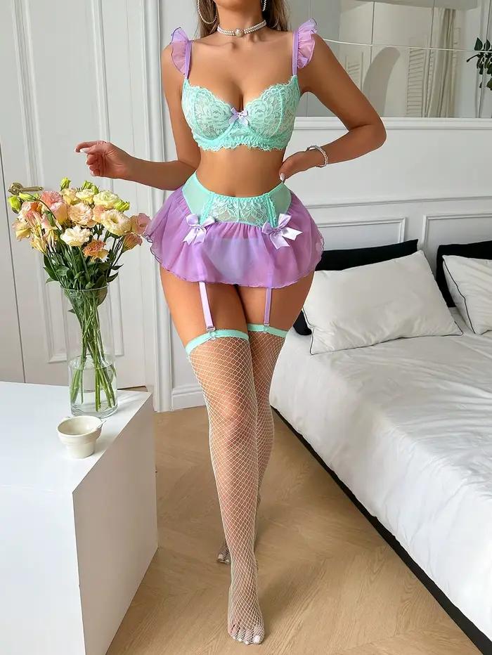 Ellolace Lingerie Sexy Tylové spodní prádlo s kontrastní krajkou a volánky