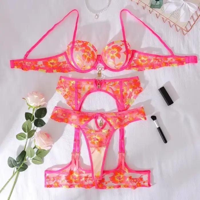 Magnifiques ensembles de lingerie sexy et éclatants à motifs floraux, 3 pièces avec jarretelles et décorations exotiques, ensembles de soutien-gorge orange fluorescent, sous-vêtements érotiques