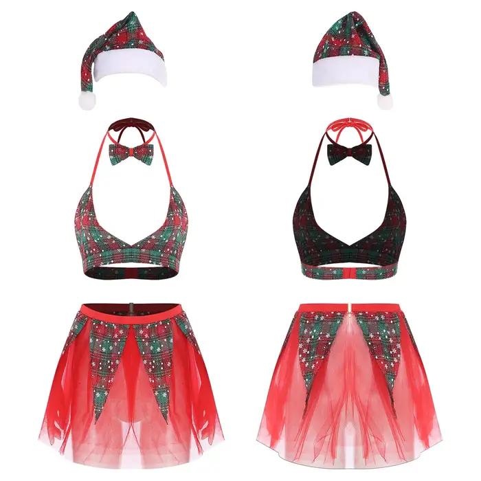 Ensemble de Lingerie Sexy de noël pour femmes, soutien-gorge à carreaux avec mini-jupe en Tulle, chapeau à nœud papillon, Costume de Cosplay du père noël, vêtements de nuit de vacances
