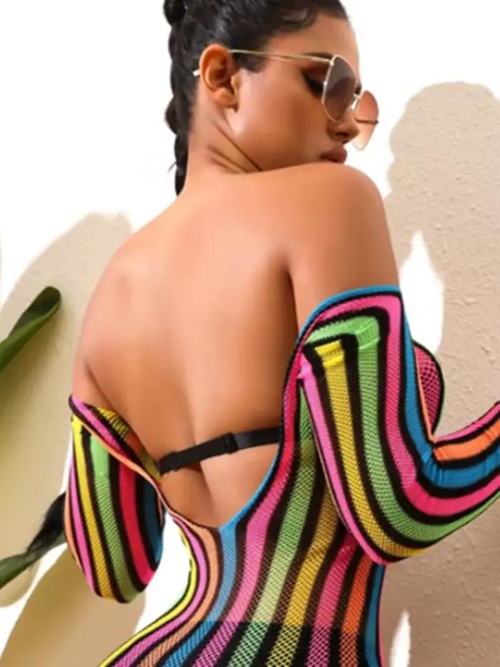 Robe de nuit dos nu pour femme, mini robe rayée arc-en-ciel, lingerie sexy, maille sexy, chemise de nuit moulante, vêtements de plage