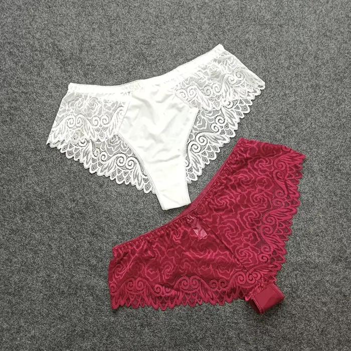 Culotte taille haute en dentelle et soie pour femmes, sous-vêtements Sexy, Tanga, Bikini, lingerie, échancré, 2 pièces/lot