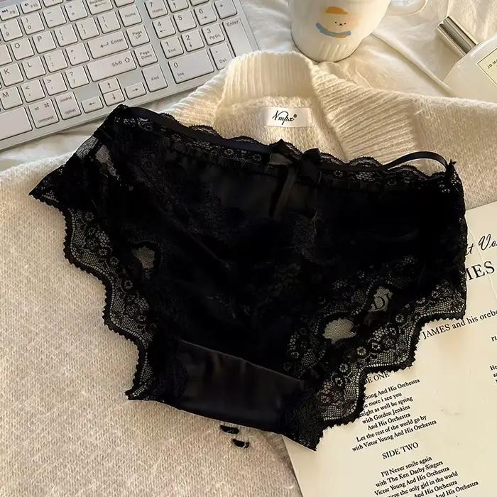 Culottes intimes pour femmes en satin français taille basse, coupe triangle, avec nœud et dentelle, entrejambe en coton ajouré respirant
