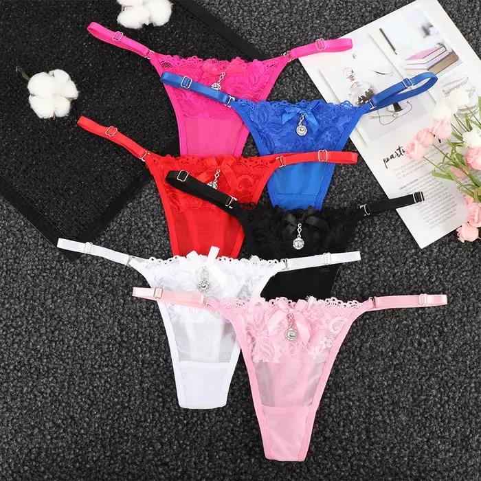 Culotte en dentelle avec pendentif perle pour femme, string G brodé, slip en T, sous-vêtement réglable, lingerie sexy pour femme