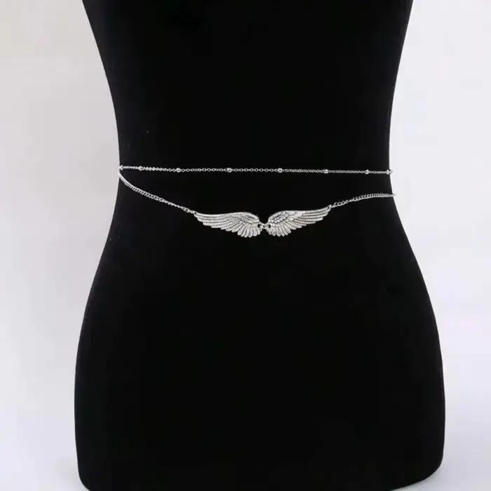 Chaîne de corps élégante à double couche avec ailes, perles et breloques, chaîne de taille dorée, ceinture de bikini stylée, accessoires de festival