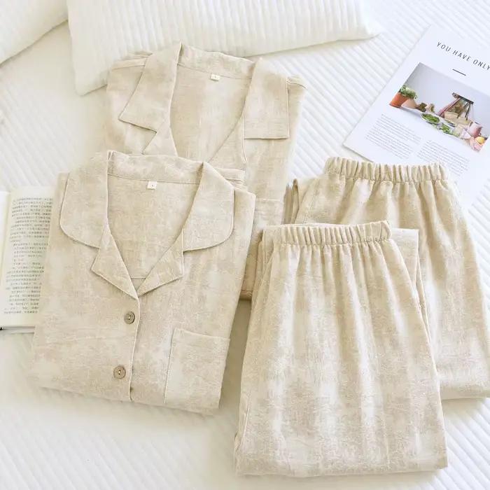 Ensemble de pyjama jacquard pour couples, vêtements de nuit en coton et lin texturé, style minimaliste japonais, ensemble de vêtements de détente 2 pièces pour hommes et femmes