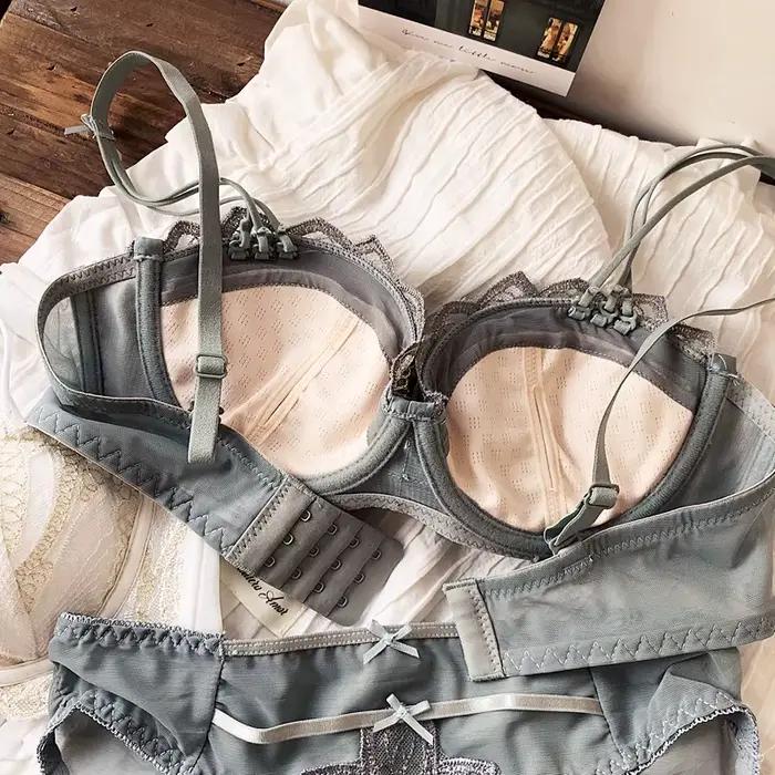 Ensemble de soutien-gorge Push Up en dentelle brodée, demi-tasse, petits seins, épais, coussinet réglable, culotte, sous-vêtements pour fille