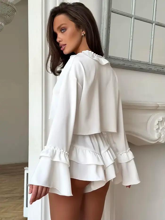 Ensemble de Nuit Décontracté pour Femme : Pyjama à Col en V, Haut Court et Short à Manches Longues pour l'Automne