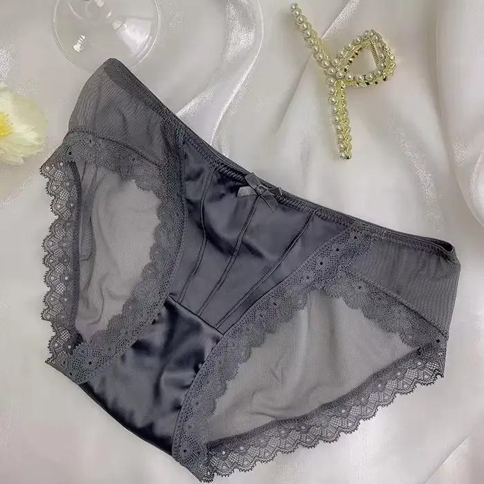 Culotte en Satin Vintage couleur unie, sous-vêtements respirants pour femmes, Lingerie française Sexy avec nœud en dentelle, taille moyenne, slip en maille fine, nouveau