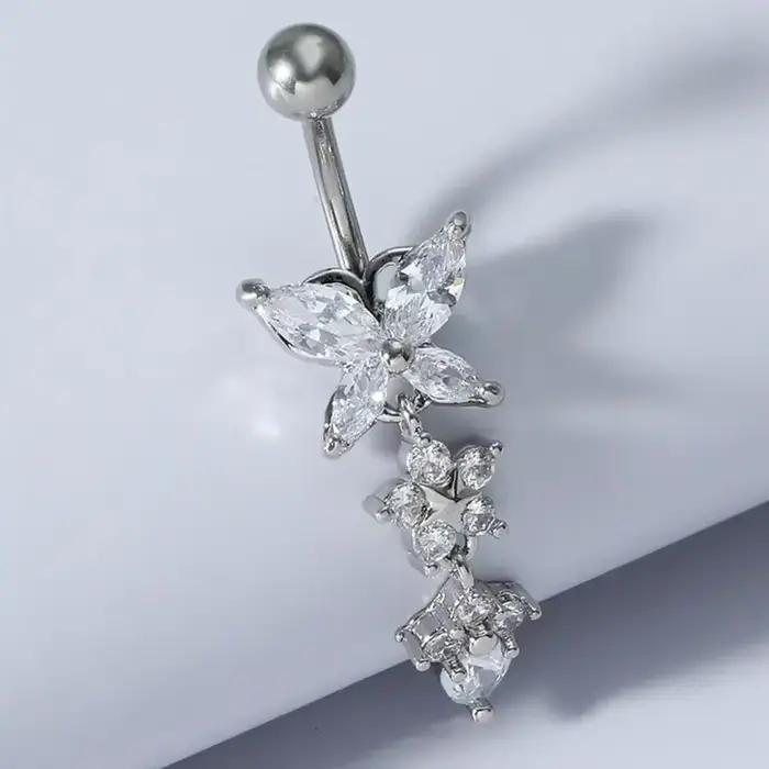 Magnifique Piercing de nombril, bijoux de corps, mode brillant papillon fleur Zircon pendentif en acier inoxydable, anneau de nombril