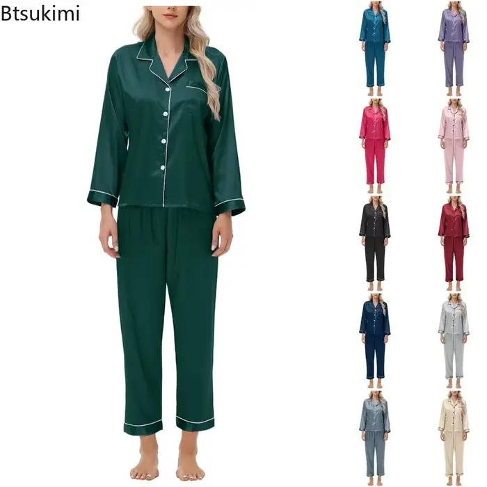 Ensemble de pyjamas pour femmes, texture satinée douce et unie, tombé soyeux, manches longues et pantalon, vêtements de maison pour dormir et se détendre