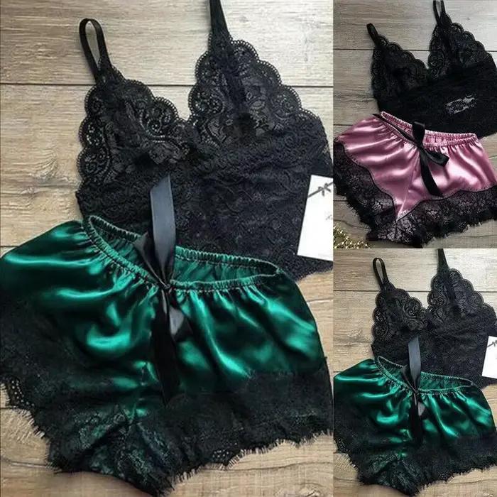 2 pièces femmes déshabillé en dentelle Lingerie hauts ensemble short et haut nuisette pyjamas décontractés vêtements de nuit