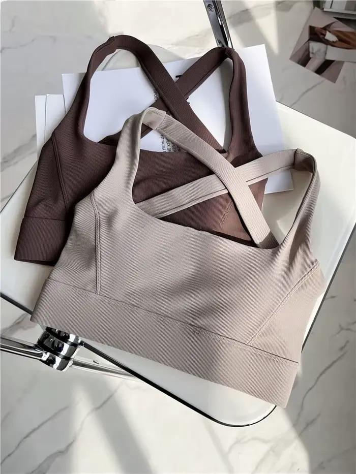 Soutien-gorge de sport croisé, soutien moyen, brossé, gymnastique, Fitness, entraînement, Push Up, avec rembourrage amovible