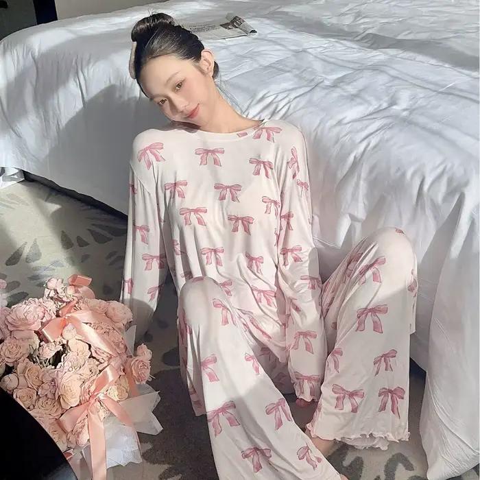 Pyjama confortable de style japonais en modal doux, ensemble de vêtements de nuit à manches longues/bretelles et pantalon, tenue d'intérieur avec imprimé nœud mignon