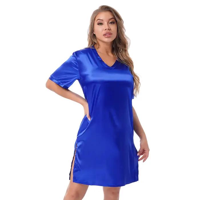 Femmes adultes pyjamas chemise de nuit vêtements de nuit col en V Satin chemise de nuit chemise Robes à manches courtes vêtements de détente côtés fendus vêtements de nuit