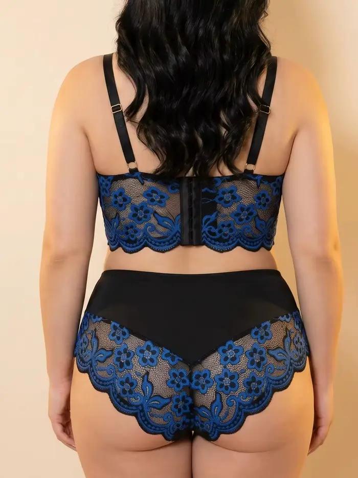 Ensemble de lingerie sexy en dentelle noire et bleue pour femmes grandes tailles avec broderie florale - Culotte et bralette à bretelles réglables