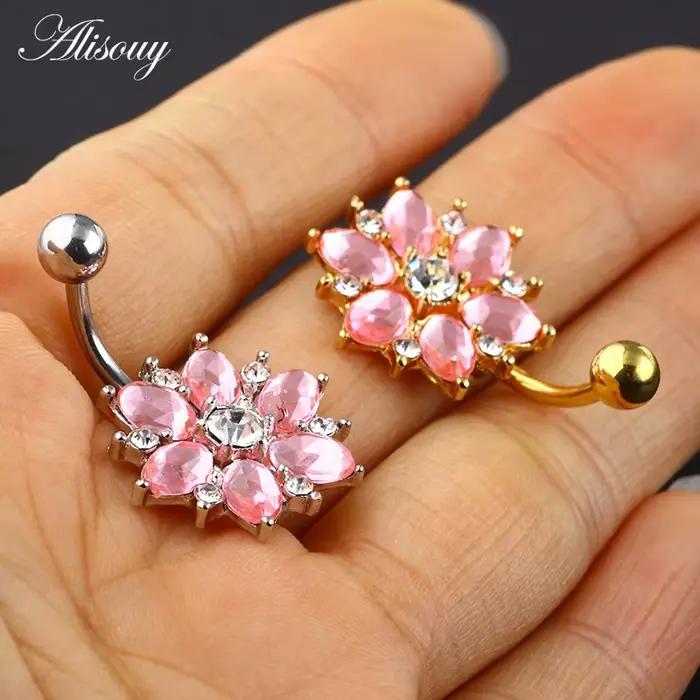 Alisouy 1 pièces acier chirurgical corps Piercing bijoux fleur nombril barre de ventre Pircing ventre Piercing nombril anneaux pour les filles