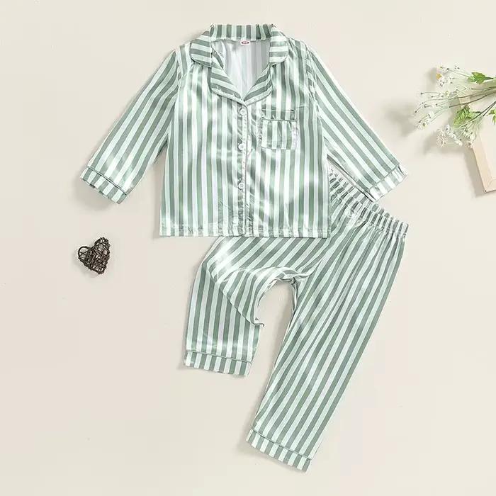 Ensemble de pyjamas en satin pour enfants, vêtements de nuit moulants, chemises à manches longues imprimées à rayures, pantalons longs en Y, salon, automne, filles, garçons, 2 pièces