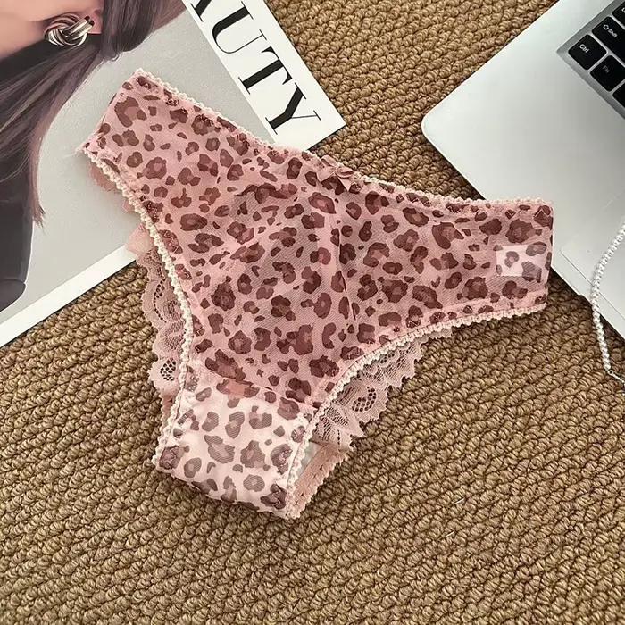 Culottes pour femmes taille basse sexy en pur coton avec dentelle, transparentes, ajourées, nœud papillon, imprimé léopard, respirantes